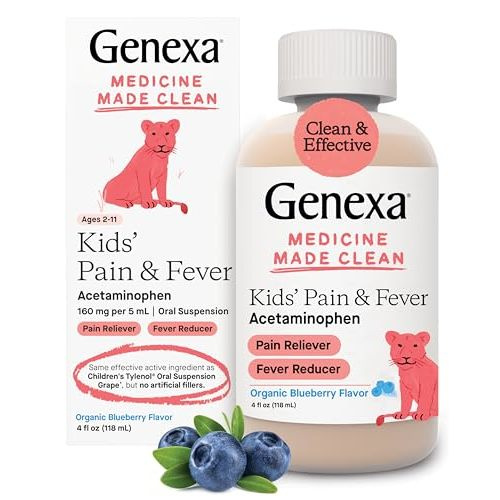 Genexa Children's Acetaminophen Pain and Fever Reducer | 160 mg per 5mL | Made with Delicious Organic Blueberry Flavor | 4 Fluid Ounces