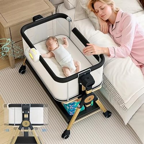 Bassinet Bedside Sleeper, Rocking Baby Bassinet for Newborn, Portable Bedside Crib with Wheels, 6 Adjustable Heights, Breathable Mesh, Waterproof Mattress, Moisés para Bebé, Co-Sleeper Cradle