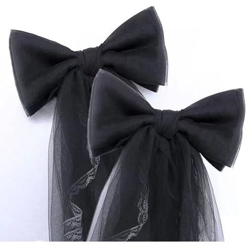 2 Pcs Gauze Curtain Tieback Silk Ribbon Bowknot Tie Back Clips Sweet Lace Curtain Holdbacks Buckle for Nursery Bedroom Decor Tassels Home Office Window Decorative Drapes (Black)