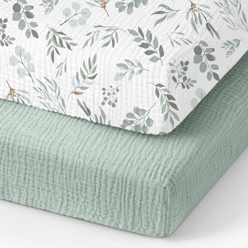 Organic Pack and Play Sheets Fitted 38”x26” 100% Muslin Cotton, Mini Crib Sheets Compatible with Graco/hiccapop/YENING/Dream On Me/Babylicious Pack N Play Mattress, Playard Bedding Sheet Bed Cover