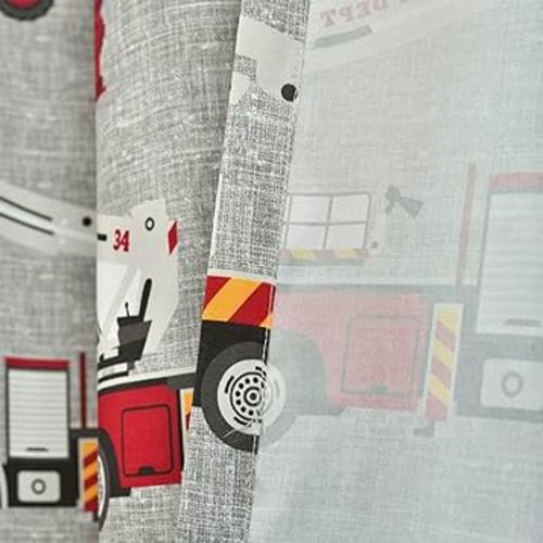 Lush Decor Fire Truck Window Curtain Panel, Pair, 52" W x 84" L, Red & Gray - Curtains for Kids Room