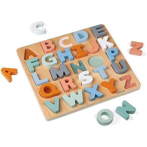 Janod Sweet Cocoon Wooden Alphabet Learning Puzzle with ABC Letters and Chalkboard - Ages 2+ - J04412
