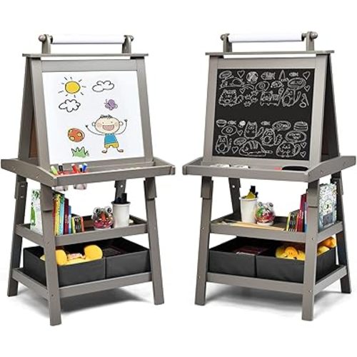 Costzon Kids Art Easel, 3 in 1 Double-Sided Wooden Easel w/Magnetic Whiteboard, Chalkboard & Paper Roll, 2-Tier Rack w/ 2 Storage Boxes, Standing Easel for Kids, Toddlers, Boys, Girls (Grey)