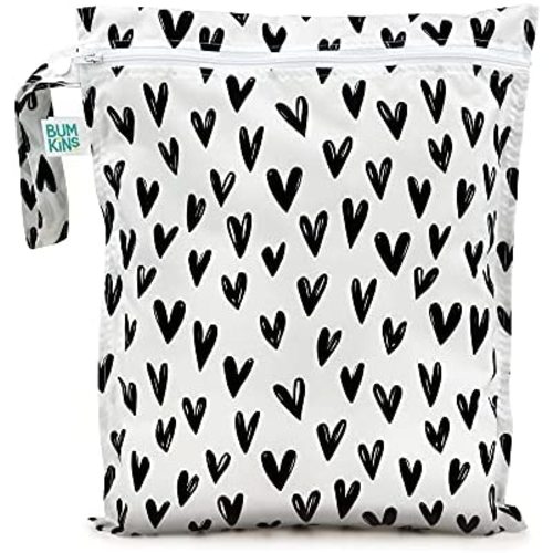 Bumkins Waterproof Wet Bag, Washable, Reusable for Travel, Beach, Pool, Stroller, Diapers, Dirty Gym Clothes, Wet Swimsuits, Toiletries, 12x14 – Black Hearts