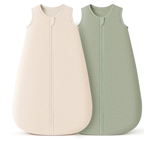 Konssy Muslin Baby Sleep Sack 0-6 Months 0.8 TOG, 2 Pack 100% Cotton Wearable Blanket for Babies, 2-Way Zipper Breathable Sleeping Sack Infant Toddler Essentials for Girls and Boys (Cream, Fog Green)