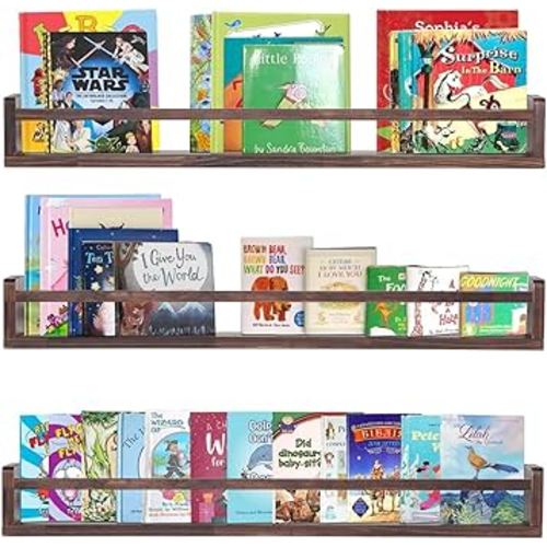 AZSKY Nursery Book Shelves Deep Walnut Wall Mount Floating Book Shelf for Bedroom Wooden Wall Book Shelf Children Kids Toddler Wall Bookshelf 36 Inch a Set of 3 Same Sizes
