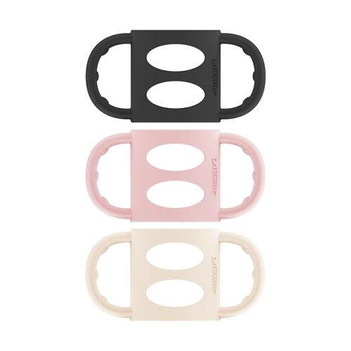 Dr. Brown's Narrow Baby Bottle Handles, 100% Silicone, Easy Grip Removable Handles for Bottle to Sippy Cup Transition, Black/Ecru/Pink, 3-Pack, 4m+