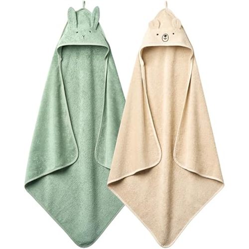 Huxie Baby Hooded Towel – Organic Cotton Baby Bath Towels, 32" x 32" Super-Soft and Absorbent Baby Towels for Newborn 2-Pack (TW Bear Fog/R. Roman Green)