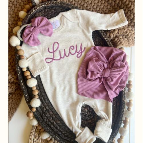 Personalized Baby Girl Outfit | Oatmeal Beige Romper Ellison Purple Ch – Wonderfully Made