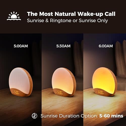 REACHER Wood Grain Sunrise Alarm Clock and Sound Machine Nightlight, Digital Dimmable Clock for Bedroom, 26 Sleep Sounds, White Noise Machine for Baby, Adults, Wake Up Light Alarm Clock for Kids