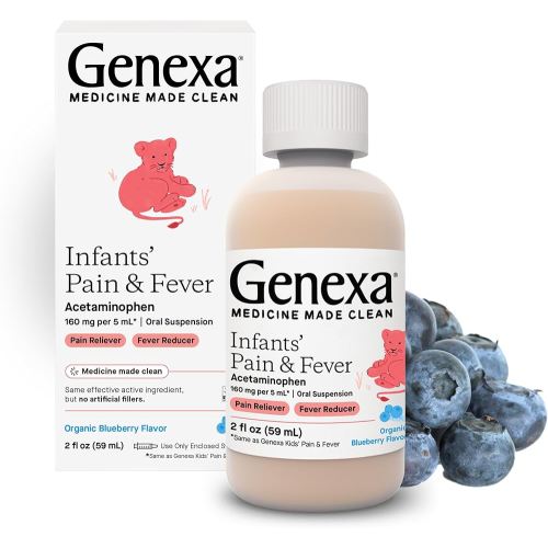 Genexa Infants’ Pain and Fever Reducer | Baby Acetaminophen, Dye Free, Liquid Oral Suspension Medicine for Infant | Delicious Organic Blueberry Flavor | 160 mg per 5mL | 2 Fluid Ounces