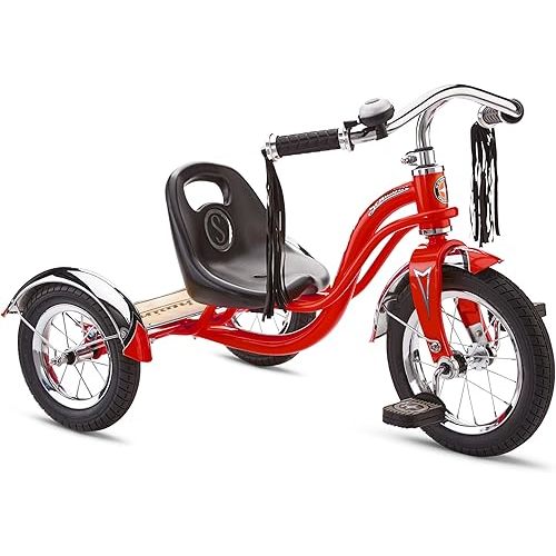 Schwinn Roadster Bike for Toddler, Kids Classic Tricycle, Low Positioned Steel Trike Frame with Bell and Handlebar Tassels, Rear Deck Made of Genuine Wood, for Boys and Girls Ages 2-4 Year Old, Red