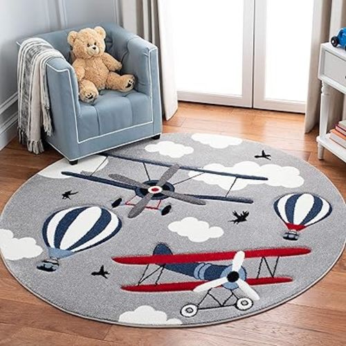 SAFAVIEH Carousel Kids Collection Area Rug - 5'3" Round, Light Grey & Red, Non-Shedding & Easy Care, Ideal for High Traffic Areas for Boys & Girls in Playroom, Nursery, Bedroom (CRK137F)