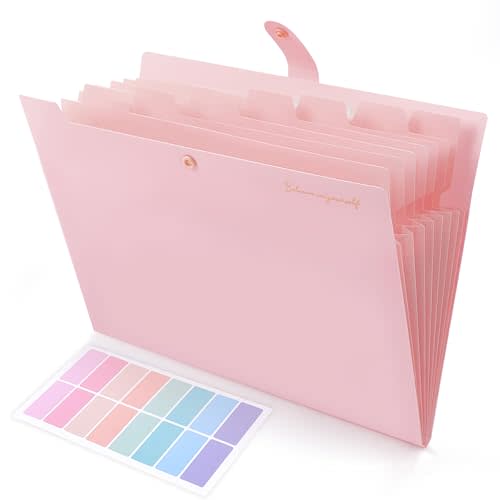 SKYDUE Accordion File Organizer – 8-Pocket Expanding File Folder with Inner Card Pocket for Documents, School, Office, and File Organization, Pink