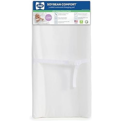 Sealy Soybean Comfort 3-Sided Waterproof Contoured Baby Diaper Changing Pad for Dresser or Changing Table - White, 32” x 16”