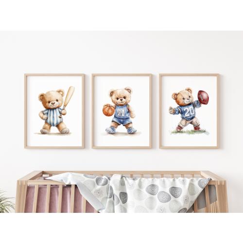 Sports nursery print set, Basketball football & baseball nursery decor, boys room decor, Vintage sport nursery art, Teddy bear sports prints