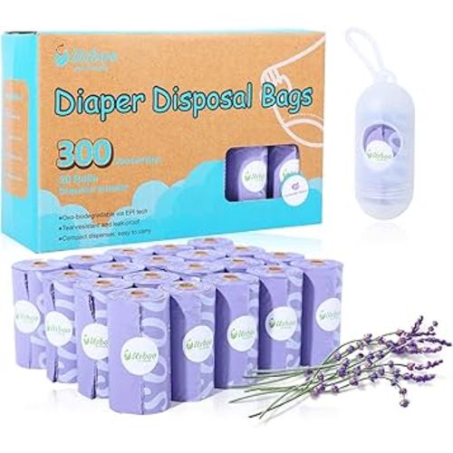 Disposable Diaper Bags for Baby, 20 Refill Rolls (300 Pack),Baby Poop Bags with Dispenser, Essential for Travel and Quick Change on The Go, Purple and Lavender Scented