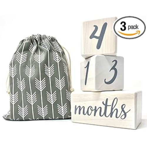 Pondering Pine Baby Milestone Blocks - Natural White Stain Pine Wood with Weeks Months Years Grade - Milestones Age Block Set with Bag, Newborn Weekly Monthly First Year Picture Props, Earth Friendly