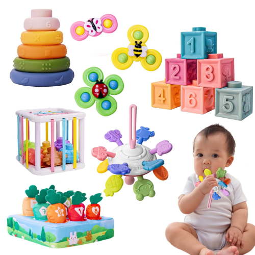 Hcusus 6-in-1 Montessori Toys Set 32Pcs for 6-12 Months with Stacking Toys, Non-Toxic Plastic
