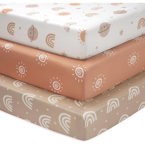 Baby Crib Sheets for Boys and Girls, 3 Pack Fitted Toddler Bed Sheets Neutral for 52”x28” Standard Crib and Toddler Mattresses, Super Soft Microfiber Orange Sun Rainbow