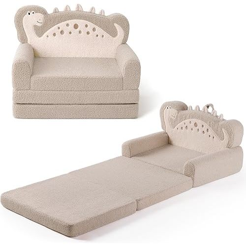 Blissful Diary Kids Couch, 2-in-1 Soft Toddler Couch Fold Out, Toddler Chair Comfy, Convertible Sofa to Lounger with Cute Dinosaur Designs, Pale Khaki