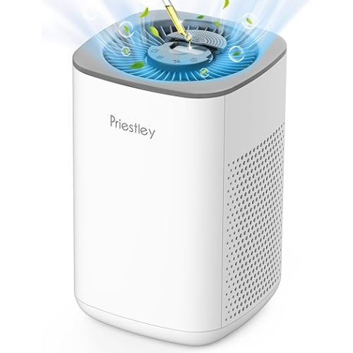 Priestley Small Air Purifiers for Bedroom Office Desktop, 20dB Quiet 3-in-1 HEPA Air Purifier with Essential Oil Diffuser, Filters Smoke, Allergies, Pet Dander, Odor, Dust