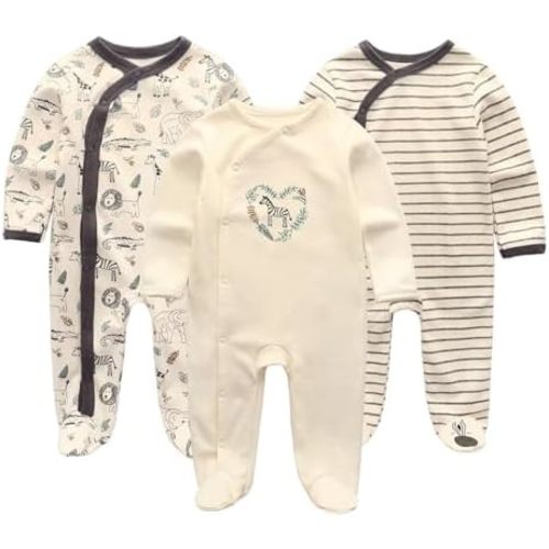 Unisex Baby Boy Girl Footies Rompers Cotton Long Sleeve 3 Pack Infant Jumpsuits 0-12Months Babies' Outfits