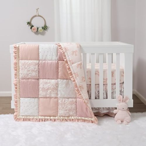 The Peanutshell 3 Piece Baby Crib Bedding Set for Girls - Cotton Fitted Crib Sheet, Layered Dust Ruffle, Comforter, Newborn, Infant & Toddler Vintage Nursery Bed Set Decor, Pink, Gold, Floral - Grace