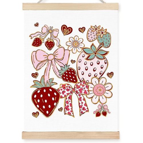 FDHSPAAM Pink Strawberry Bow Wall Art Decor, Coquette Preppy Room Decorations, Preppy Girly Strawberry Bow Floral Wall Decor Posters for Girls Bedroom Dorm Apartment, 12x16 Inch