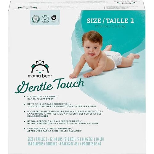 Amazon Brand - Mama Bear Gentle Touch Baby Diapers, Size 2, 184 Count (4 packs of 46), Leak Protection, Wetness Indicator, Fragrance-Free, Chlorine-Free