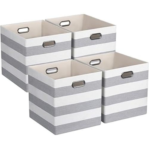 11x11 Cube Storage Bins, Collapsible Fabric Storage Cubes, Cubby Storage Organizer Bins Striped Container Baskets for Organizing Home Office Wardrobe Closet Shelf, Pack of 4, Gray/White