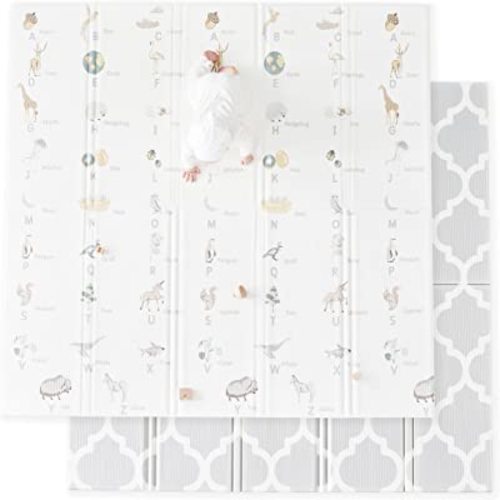 Cuddle & Learn Playmat by Fortella, Foldable Foam Baby Play Mat for Floor, Extra Large & Padded for Tummy Time and Outdoors, Portable with Travel Case (Alphabet & Moroccan 71.5x70x0.6 inch)