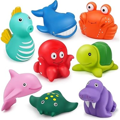 LotFancy Bath Toys for Kids Ages 1-3, Mold Free Baby Bath Toys for Toddlers 2-4, 8PCS No Holes Ocean Sea Animal Bathtub Toys, Soft Bath Tub Toys