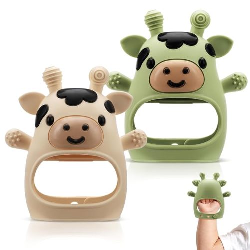 TOHIBEE 2 Packs Baby Teething Toys for 0-6 6-12 Months, Food Grade Silicone Adjustable Cow Teething Mitten, Chew Teether Toys for Teething Pain Relief, Baby and New Born Essentials, Green & Beige