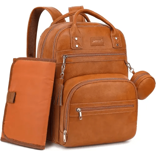 Vegan Leather Diaper Bag Backpack for Boy Girl with Changing Pad and Pacifier Case, Waterproof, Travel Baby Bag Backpack for Mom Dad, Perfect Baby Shower Gifts, Brown