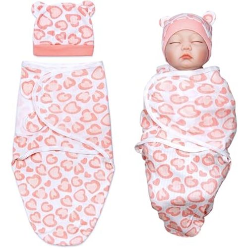 Reborn Baby Doll Swaddle Blanket 2-Pieces Blanket + Hat fit 17 - 22"" Reborn Dolls Girl Newborn Dolls Clothes Accessories Bath Blanket, Pink