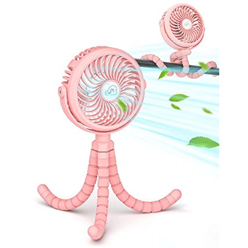 Creiv Stroller Fan, Baby Stroller Fans Clip On Car Seat, Battery Operated Portable Fan with 3 Level Wind Speeds and LED Lighting Available for Stroller, Car Seat and more (PINK)