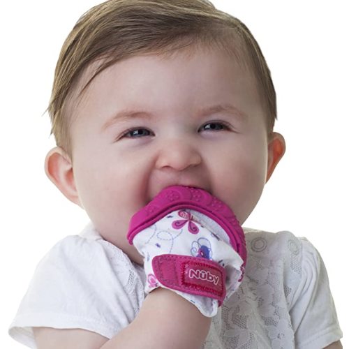Nuby Soothing Teething Mitten with Hygienic Travel Bag, Pink, 1 Count - 1PK B. Pink