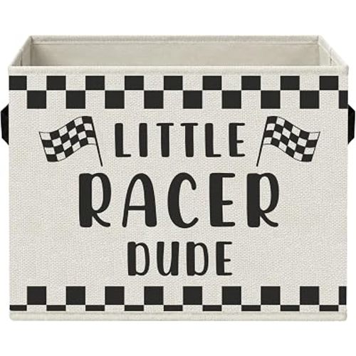 Race Car Nursery Storage Bins with Handles, Little Racer Dude Black and White Checkered Foldable Collapsible Storage Basket Organizer for Kids Boy Room Bedroom Bathroom Books Clothes