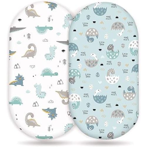 GRSSDER Stretchy Ultra Soft Fitted Bassinet Sheet Set 2 Pack, Universal Fit for Bassinets Baby Cradle Moses Basket Oval Rectangle Pad/Mattress, Happy Dinosaurs Bassinet Sheets for Girls and Boys