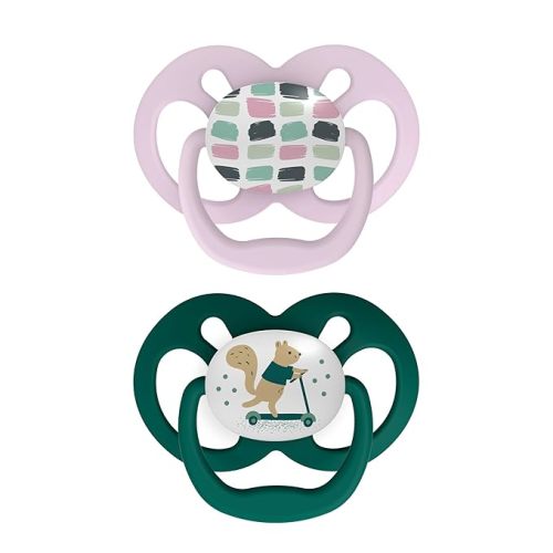 Dr. Brown's Advantage Baby Pacifier, Fully Symmetrical Soother with Soft Silicone Bulb, Scooter Squirrel, 6-18m, BPA Free, 2 Pack