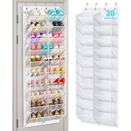 MISSLO 30 Pairs Over the Door Shoe Organizer Breathable Mesh Hanging Shoe Rack for Closet Storage with Wide Deep Pockets 10 Tier Shoes Holder Fit All the Family's Sneakers, Boots, Heels (White, 71")
