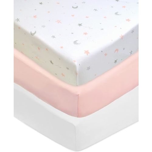 American Baby Company 3 Pack Fitted Crib Sheets 28" x 52", Soft Breathable Neutral 100% Cotton Jersey Sheet, Pink Stars/Blush/White, for Boys and Girls, Fits Crib and Toddler Bed mattresses