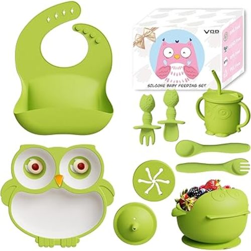 Baby Feeding Essentials, 10pcs Baby Led Weaning Supplie, Bowls and Plates with Suction, Toddler Spoons and Fork, Toddler Cups with Replaceable Lids(Green)