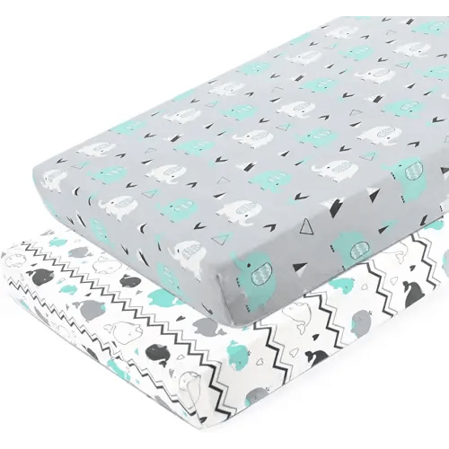 Pack n Play Sheets, BROLEX 2 Pack Mini Crib Sheets,Stretchy Portable Fitted Playard Sheet Set, Convertible Playard Mattress Cover,Ultra Soft Breathable Material,Elephant & Whale