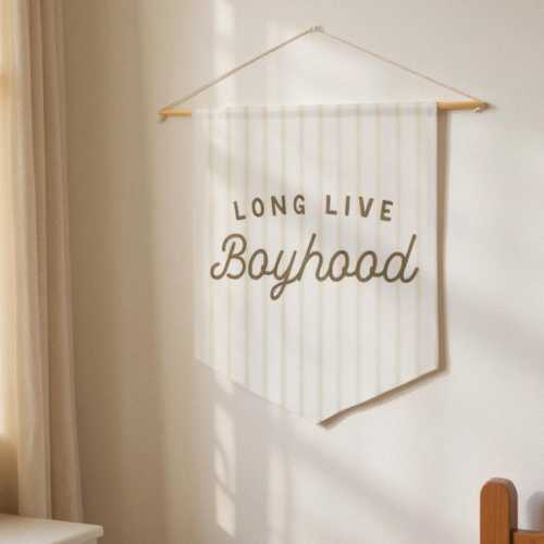 Long Live Boyhood Striped Banner, Pennant Flag for Boys Nursery Playroom or Bedroom, Wall Art for Kids Room in Ticking Stripe Fabric