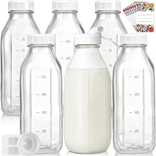Liter Glass Milk Bottles w 100% Airtight Heavy Duty Screw Lid - 6 Pack 32 Oz Drinking Jars - Food Grade Glass Bottles for Milk, Honey, Jam - Dishwasher Safe(Extra 2 Lids and Stickers Included)