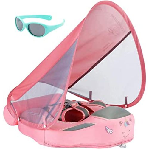 Mambobaby Newest Non Inflatable Baby Float Size Improved Add Tail Avoid Flip Over Swim Trainer Solid Infant Pool Float with Canopy UPF 50+ Swim Ring