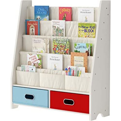 SEIRIONE Kids Book Shelf, Children Display Rack, 4 Sling and 2 Storage Boxes for Toys Organizer, White