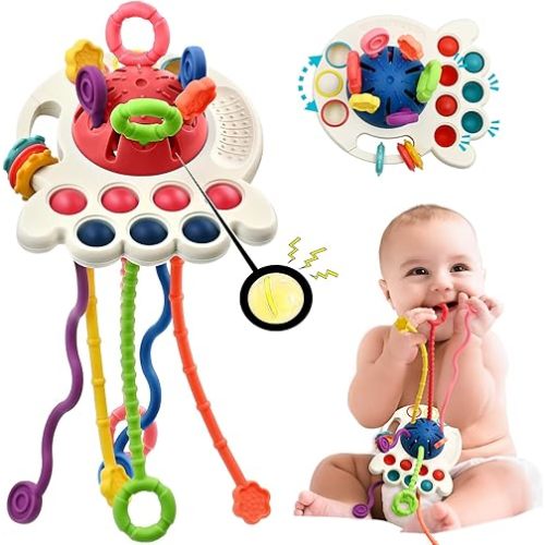 AiTuiTui Sensory Montessori Baby Teething Toys, Toddler Travel Toys for 1 2 Year Old Boy Girl Birthday Gifts, Soft Pull String Fidget Educational Learning Toys for 9 10 18 Months Infant, Random Color